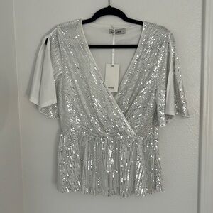 Grace Karin Shimmering Silver V-Neck Blouse
